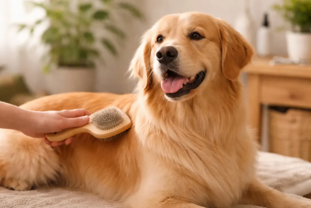 cachorro sendo escovado para cuidados de beleza e estética