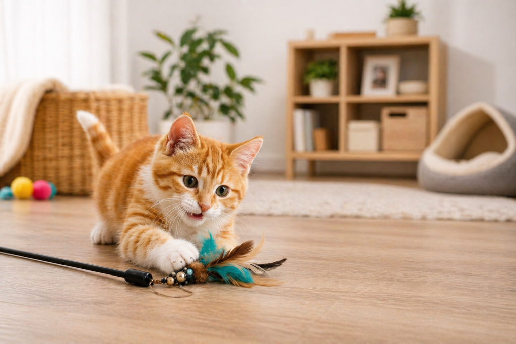 gato brincando com brinquedo interativo em ambiente doméstico