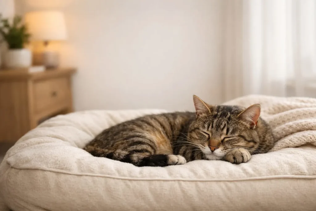 gato descansando em uma cama confortável em ambiente aconchegante